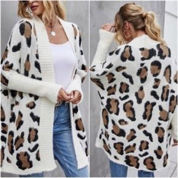 Cozy Off White Leopard Print Fuzzy Open Front Cardigan - Picture 3 of 4